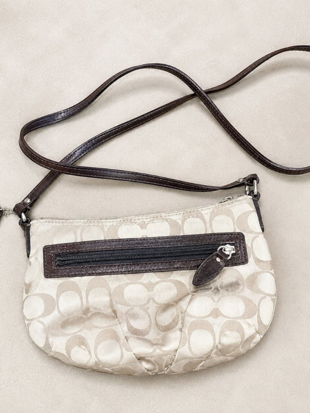 Coach Signature Monogram Crossbody Bag Brown Cream Canvas Leather Trim